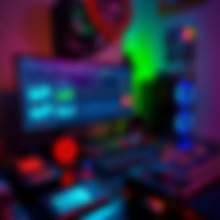 A computer setup with multiple GPUs running cryptocurrency mining software, showcasing a display of hashrate performance and earnings estimate, surrounded by mining equipment.