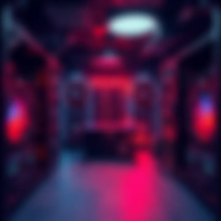 A modern crypto mining rig with multiple graphics cards and cooling fans in a dimly lit room