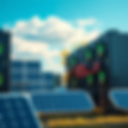 A row of cryptocurrency mining rigs powered by solar panels, symbolizing sustainable mining solutions, with blue skies in the background.