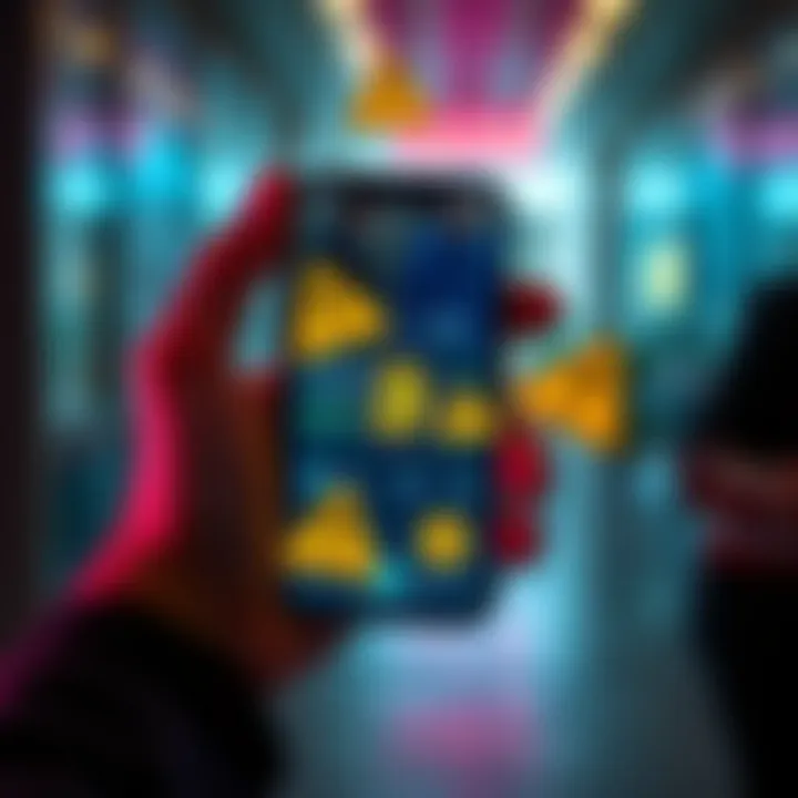 A person holding a smartphone showing a cryptocurrency app with caution signs around it, symbolizing the risks of scams in the crypto space.