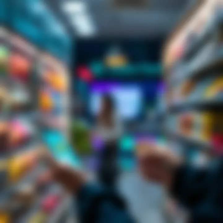 A person using a smartphone to make a purchase with cryptocurrency in a store while holding a credit card, with digital coins displayed nearby.