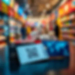 A comparison of crypto cards and QR wallet codes on a table with a blurred background of a busy store.