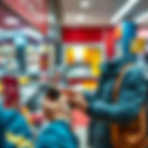 A customer using a smartphone to complete a cryptocurrency transaction at a retail shop