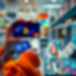 A shopper using a crypto card to pay at a store checkout with Bitcoin and Ethereum logos visible on the card