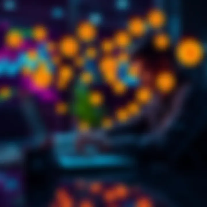 A person coding on a laptop with cryptocurrency symbols around them, representing the creation of a crypto payment gateway.