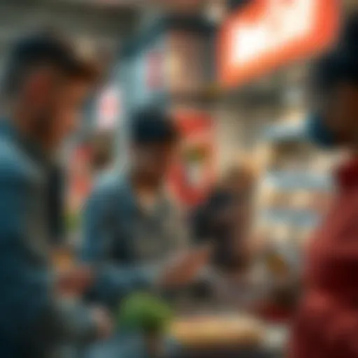 A group of people using smartphones to pay for items with cryptocurrency at a store