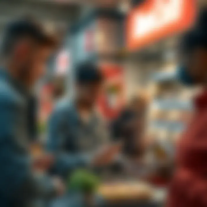 A group of people using smartphones to pay for items with cryptocurrency at a store