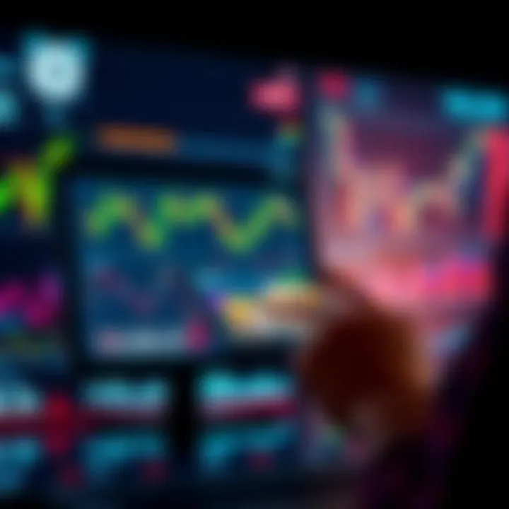 A person checking their cryptocurrency holdings on a digital device, with charts and graphs showing trends and price expectations in the background.