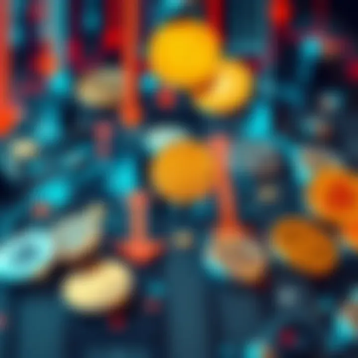 A graphic showing various cryptocurrency coins with downward arrows to represent falling prices.