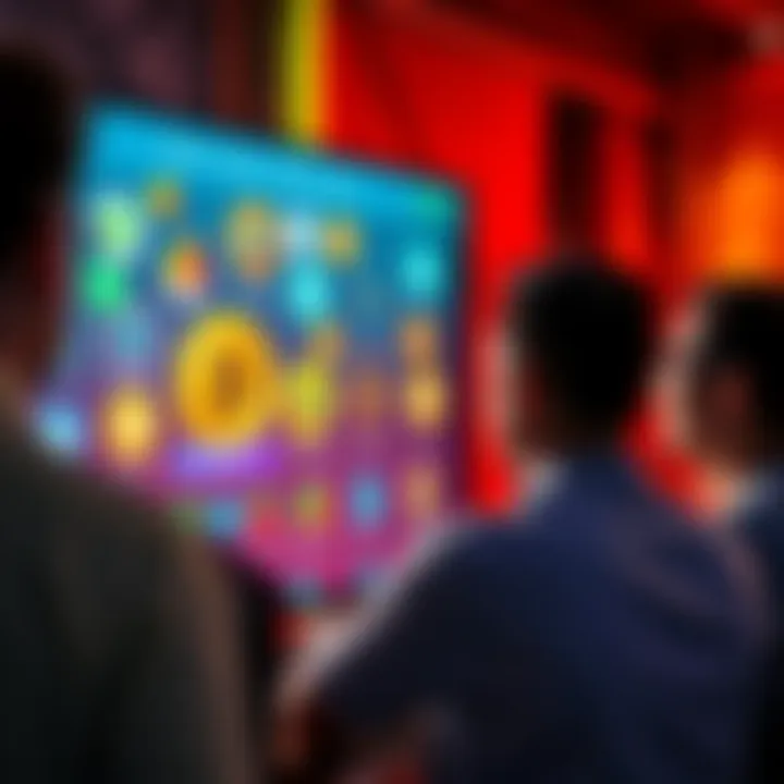 Investors looking at various cryptocurrency logos on a screen, reflecting on missed opportunities