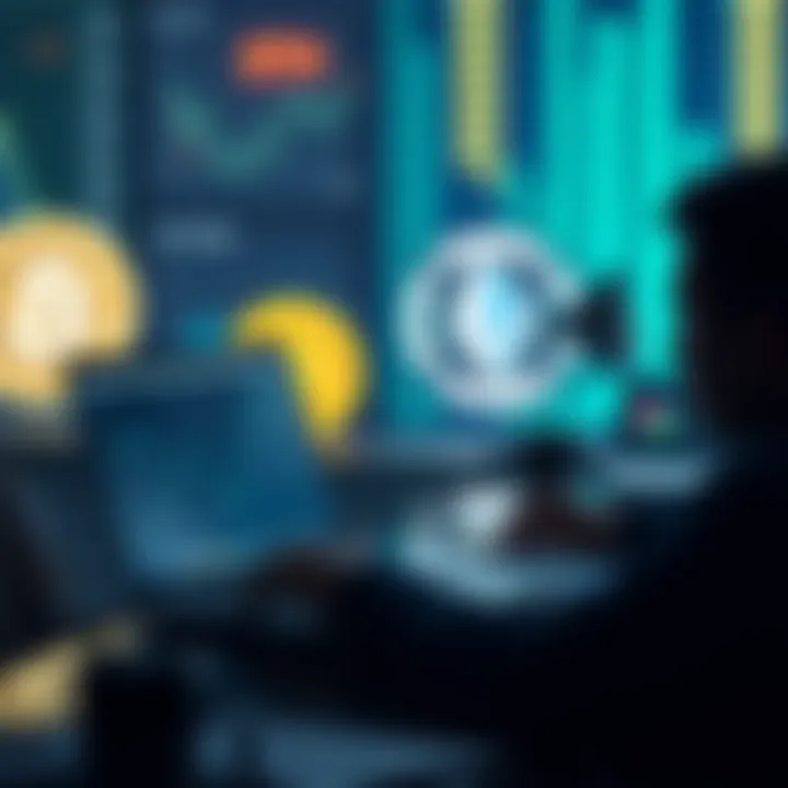 A person analyzing cryptocurrency values on a laptop with Bitcoin and Ethereum logos in the background