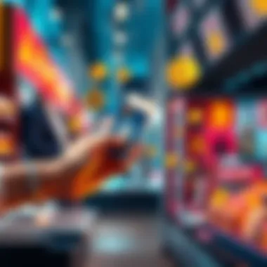 A graphic showing a person using a crypto debit card at a checkout counter, surrounded by symbols of various cryptocurrencies.