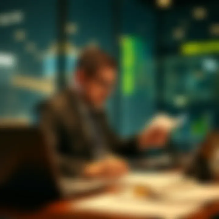A business professional reviewing cryptocurrency regulation documents at a desk with a laptop