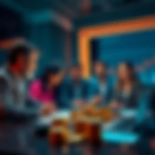 A group of diverse people discussing cryptocurrency trends, with charts and coins on a table.