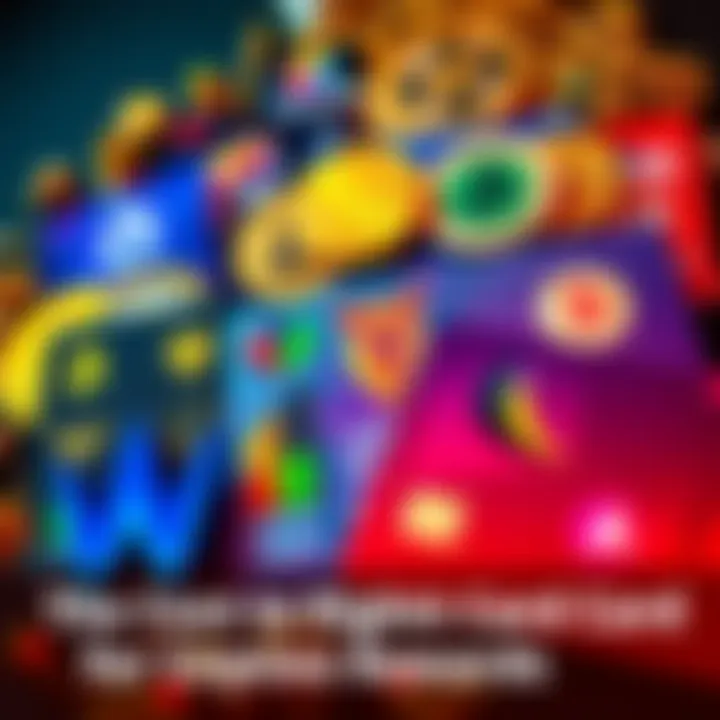 A variety of physical cards representing different cryptocurrencies, showcasing the designs and logos of popular coins, with a focus on card rewards