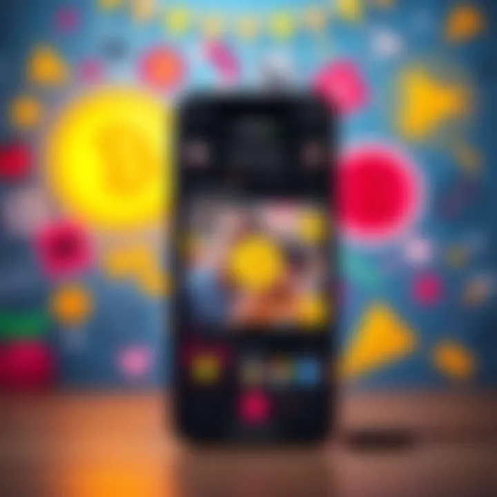 A smartphone displaying a quirky app interface where users can share unusual photos for cryptocurrency rewards. The background includes playful graphics related to crypto and fun imagery.