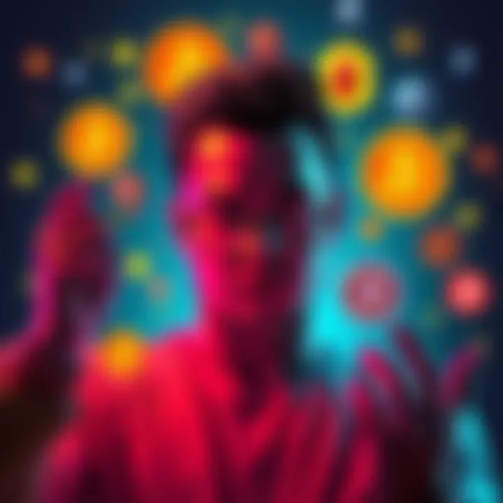 A person examining various cryptocurrency symbols with caution, highlighting the difference between hype and solid investments.