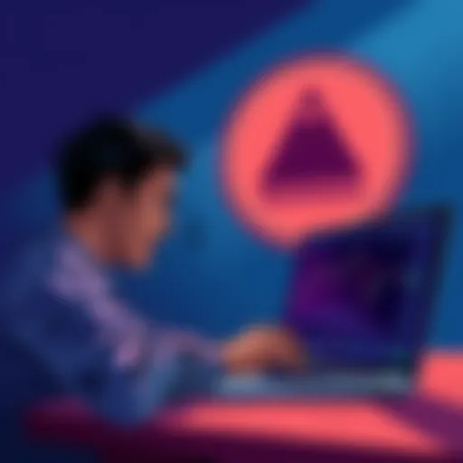 Illustration showing a person looking worried while checking crypto charts on a laptop with a warning sign in the background