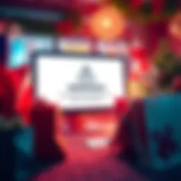 A festive holiday scene with shopping bags and a computer screen showing a warning about cryptocurrency scams.