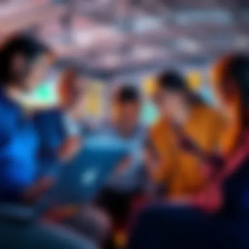 A group of people discussing sports betting options with laptops and smartphones, focusing on crypto-friendly platforms.