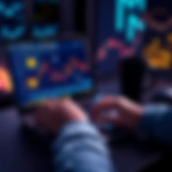 A person staking cryptocurrency on a laptop, with coins and graphs displayed on the screen, symbolizing earning passive income.