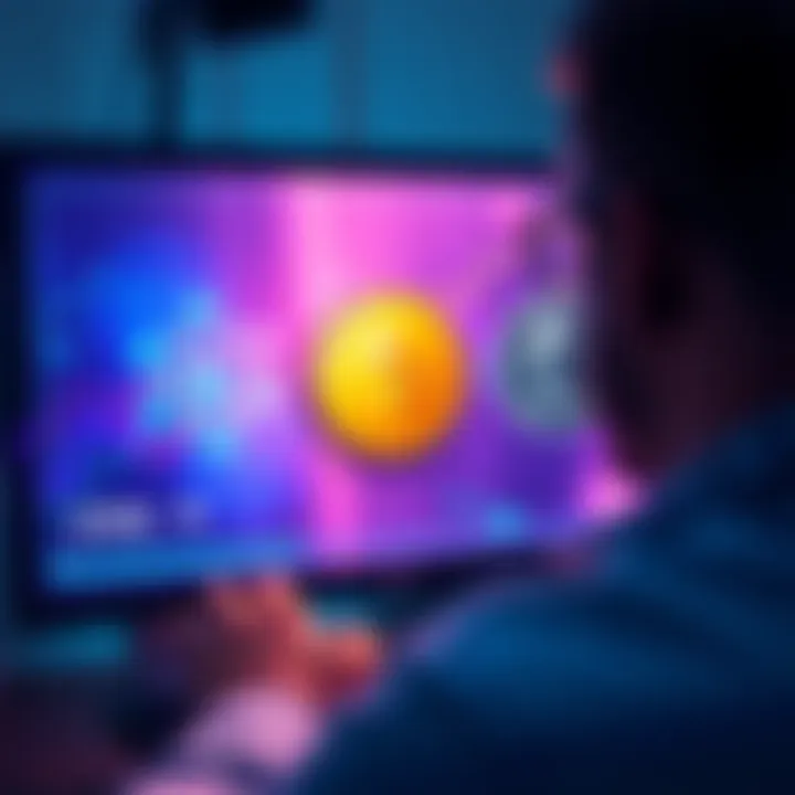 Crypto Staking Overview A person looking at a computer screen with cryptocurrency icons for ATOM, Fetch.ai, and ETH, representing staking options.