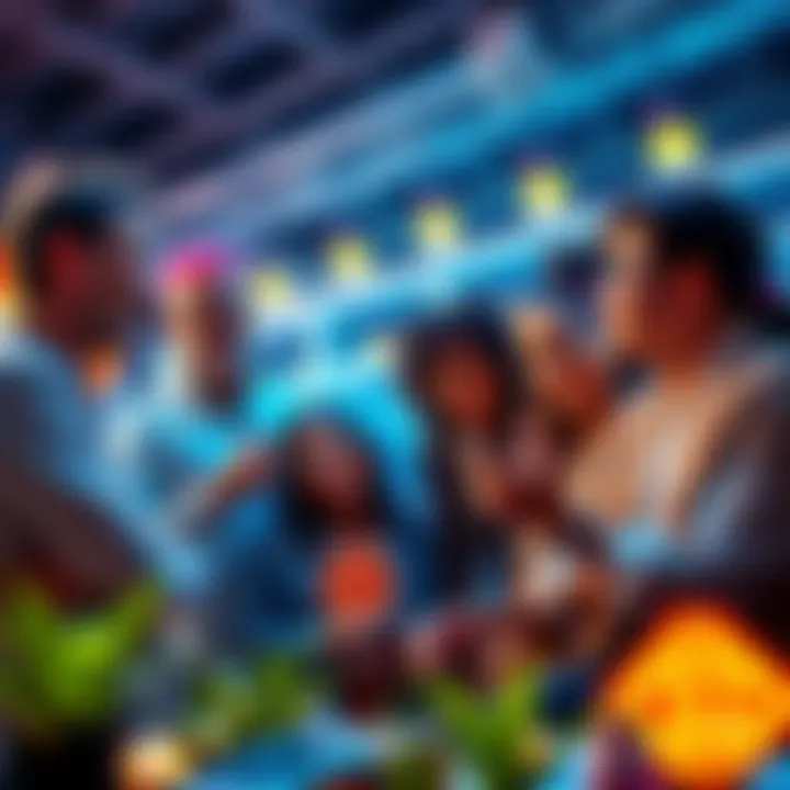 A group of diverse individuals discussing cryptocurrency strategies and projects, showing a blend of passion and planning in a vibrant setting.