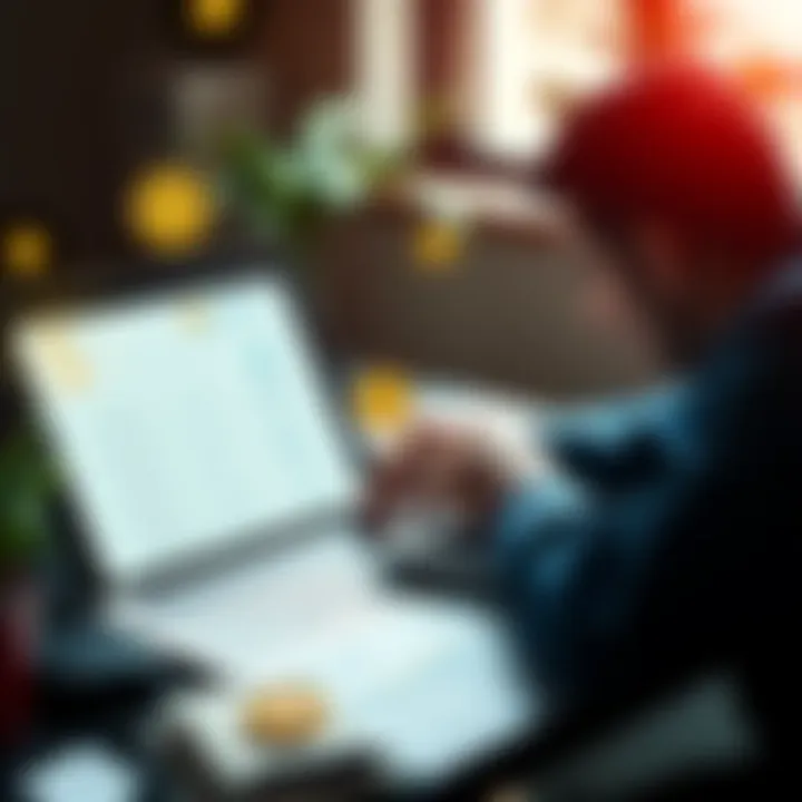 A person calculating taxes on a laptop with cryptocurrency symbols around like BTC and ETH