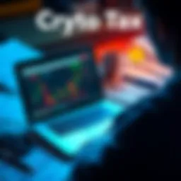 A person working on a laptop with cryptocurrency charts and TurboTax interface on the screen, surrounded by tax documents.