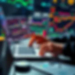 A person analyzing cryptocurrency transactions on a laptop with graphs and charts showing price trends and taxes