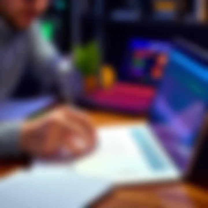 A person calculating taxes on cryptocurrency profits with a laptop and tax form on the desk