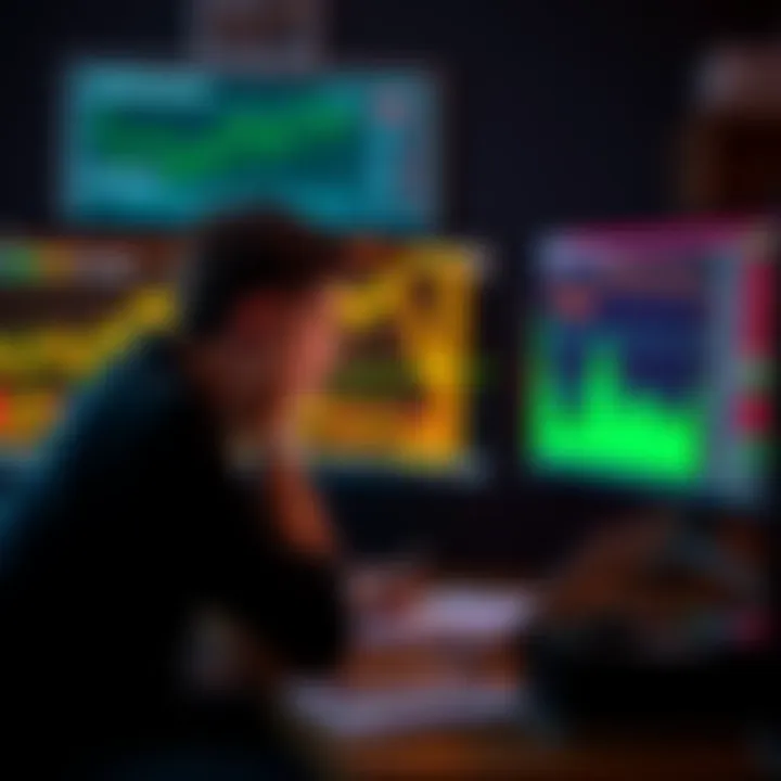 A worried individual looking at a computer screen with crypto charts and tax documents in front of them, symbolizing the stress of reporting losses to the IRS.