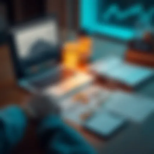 A person organizing their crypto transactions on a laptop with tax forms and coins on the table.