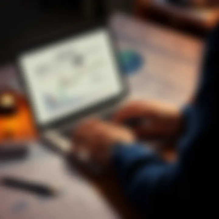 A person organizing cryptocurrency transaction data on a laptop with tax documents and charts surrounding them.