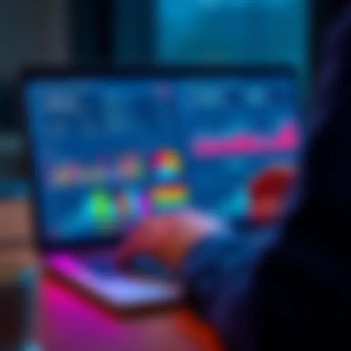 A person analyzing crypto tax software on a laptop with graphs and charts displayed, focusing on compliance with IRS guidelines.