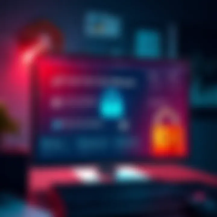 A digital illustration representing various crypto tax software options on a computer screen, with a lock symbol for privacy.