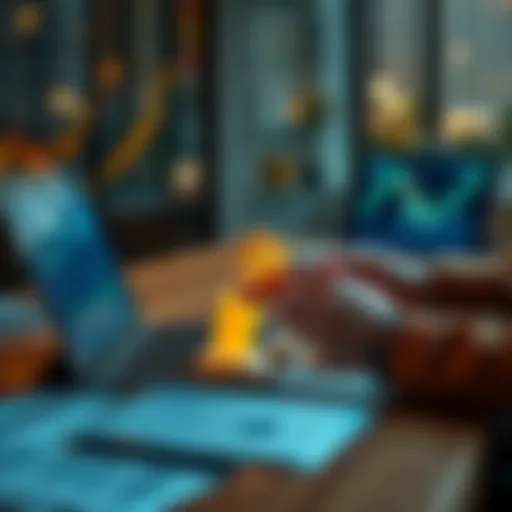 A person analyzing Bitcoin and Ethereum graphs on a laptop while calculating tax implications with financial documents on the table.