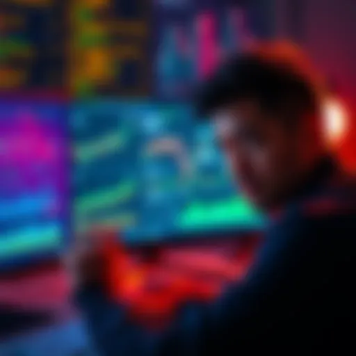 A person looking frustrated at a computer screen with various crypto tax tools displayed, showing graphs and data analysis