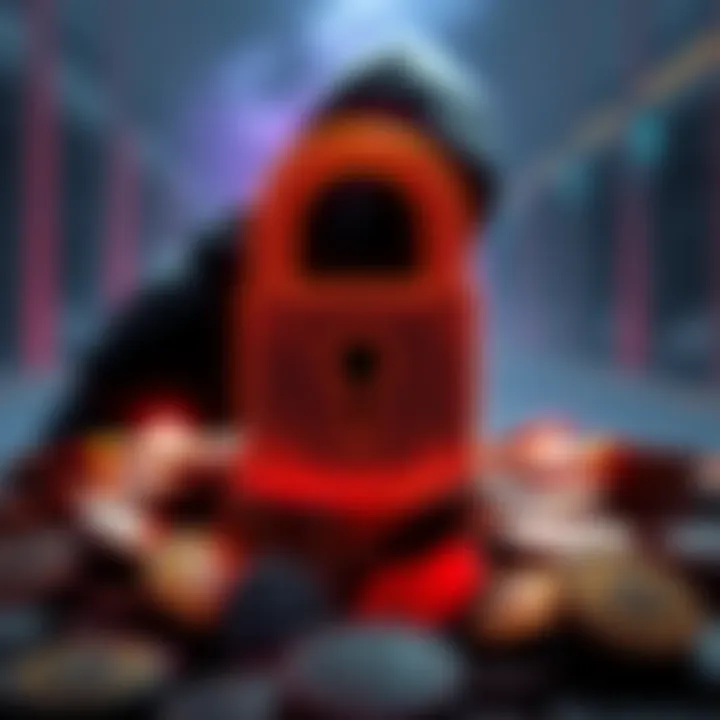 A graphic showing a lock symbol surrounded by coins, representing the need for caution in cryptocurrency. A shadowy figure is in the background, symbolizing potential threats.