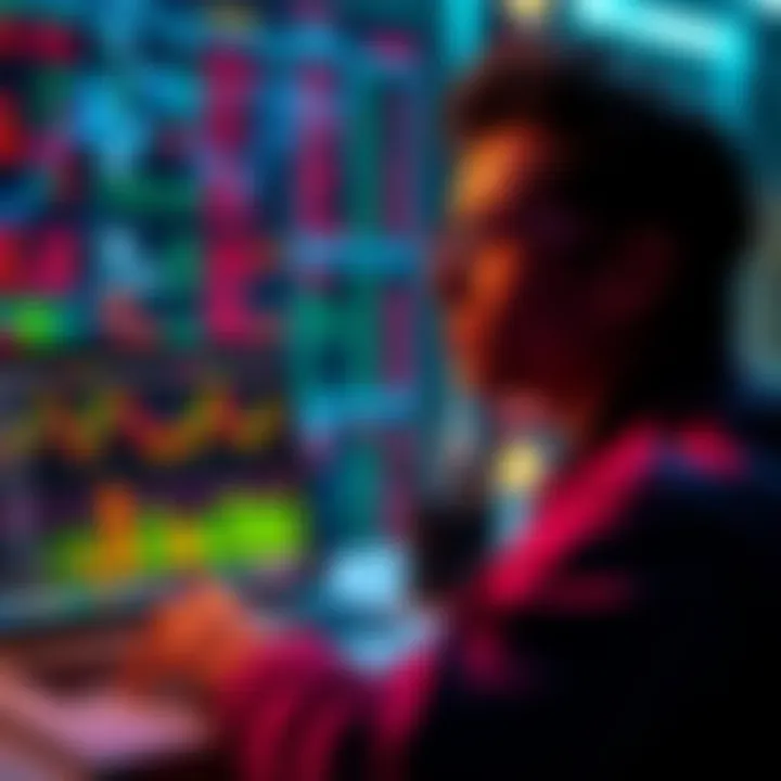 A person contemplating selling cryptocurrency to invest in stocks, with a laptop displaying stock market data and crypto symbols in the background.