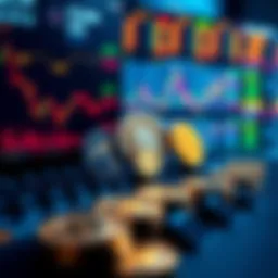 A digital representation of new cryptocurrency tokens waiting to be sold on various online platforms, with a computer screen showing exchange markets in the background.