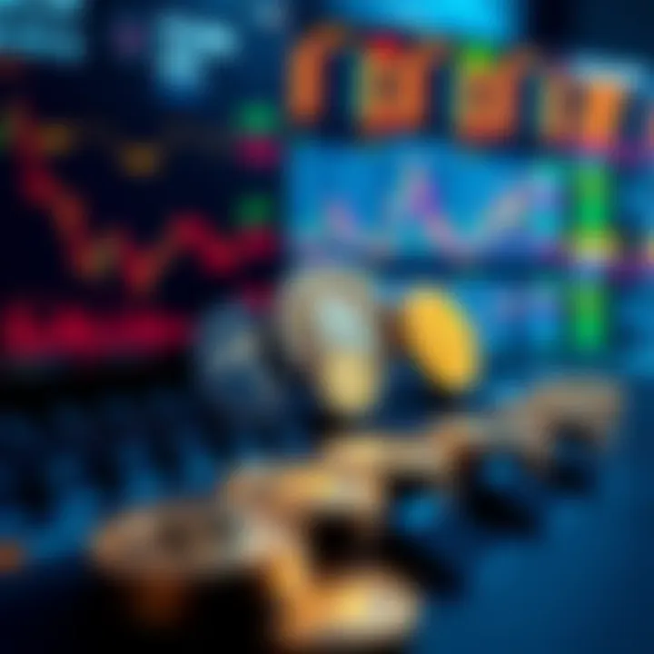 A digital representation of new cryptocurrency tokens waiting to be sold on various online platforms, with a computer screen showing exchange markets in the background.