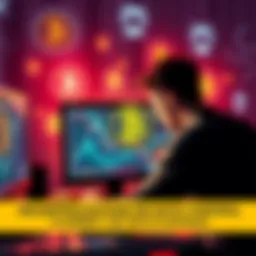 A person looking at digital currencies on a computer screen surrounded by surveillance symbols, representing crypto and data tracking.