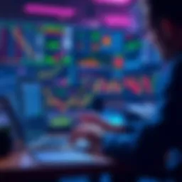 A trader studying cryptocurrency charts on a laptop, showing graphs and data