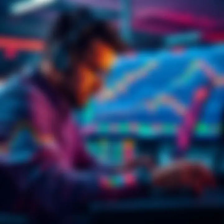A modern crypto trader focused on graphs and charts on their laptop, showing market trends and data analysis.