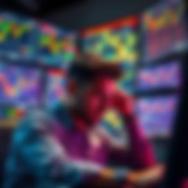 A tired crypto trader looking at multiple screens filled with charts and price alerts, showing signs of stress and fatigue.