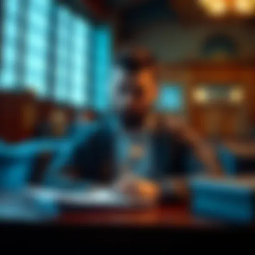 A worried crypto trader sitting in a courtroom, looking anxious as he faces the judge, with legal documents on the table.