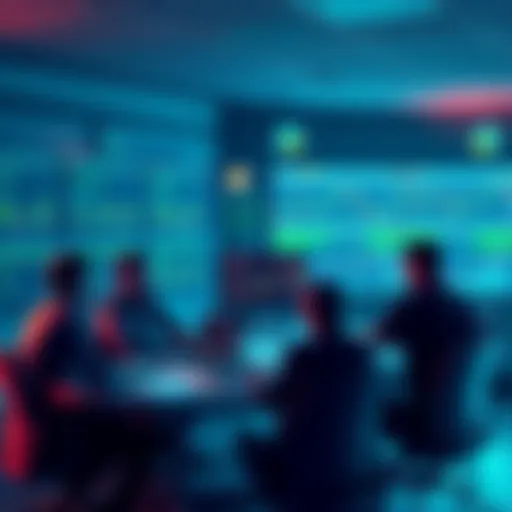 Group of crypto traders discussing strategies at a table with charts and laptops