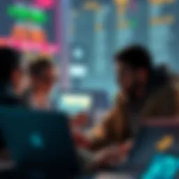 Crypto Traders Exploring New Exchanges A group of crypto traders discussing options with laptops open, focusing on exchanges like Kraken and Coinbase after Binance's regulatory issues.