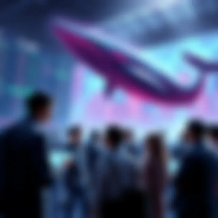 A group of traders excitedly discussing strategies, with images of whales symbolizing major players in the crypto market behind them.